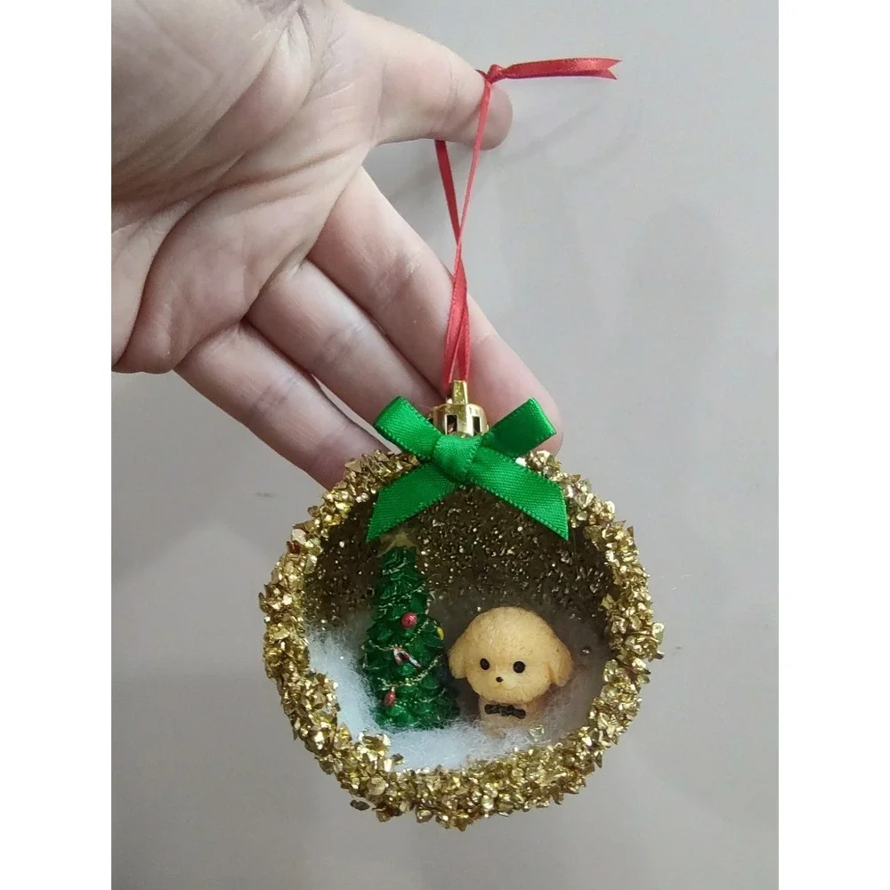 Dog Christmas Ornament Handmade Vtg Style OOAK Shatterproof Poodle Diorama O9